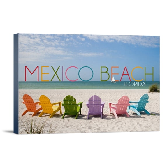 Mexico Beach, Florida, Colorful Beach Chairs, Sailboat, (12x18 Wrapped Canvas, Wall Decor, Artwork)