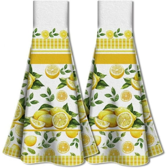 2Pcs Lemon Kitchen Towels with Hanging Loop Lemon Fruit Kitchen Hand Towel Dishcloth Towels Lemon Soft Absorbent Hanging Tie Towels for Kitchen Washroom Bathroom Home Decor