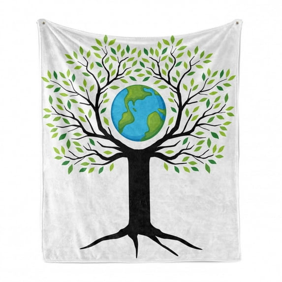 Tree of Life Soft Flannel Fleece Blanket, Eco Friendly Earth Tree Saving the Planet Life Climate Symbolic Home Art, Cozy Plush for Indoor and Outdoor Use, 60" x 80", Green Black Blue, by Ambesonne