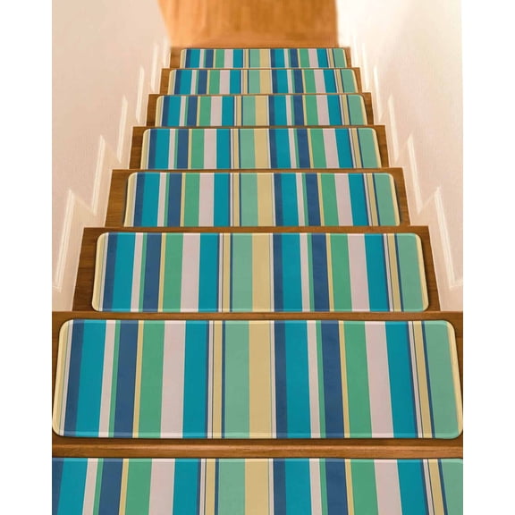 Vintage Stripes Stair Treads Non Slip for Steps Green Yellow Blue Striped Retro Lines 7 Pcs Reusable Adhesive Stair Runner Mats for Dogs Elders Carpet Treads Rugs for Staircase 8x30 In