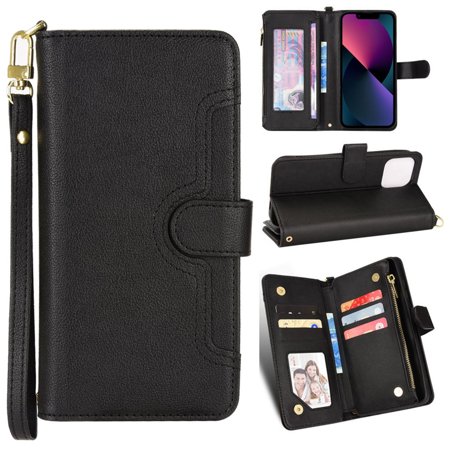 Allytech Wallet Case Compatible with iPhone 14 Pro (6.1 inch 2022), Magnetic Closure Detachable PU Leather Flip Folio Stand Zipper Purse Hand Strap