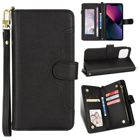Elehold Zipper Wallet Case Compatible with iPhone 14 Pro (6.1 inch 2022),Premium Vegan leather+ inner Soft Slim TPU Magnetic Closure Flip Folio Stand Zipper Purse Hand Strap Case,Black
