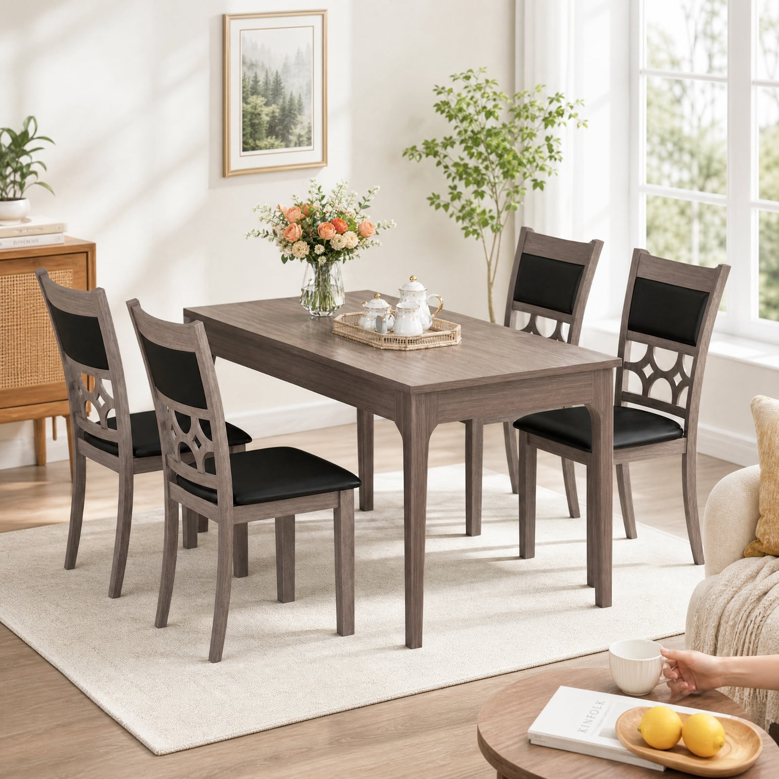 Furnibear Upholstered Dining Chairs Set of 2 with Padded Backrest and Rubber Wood Frame for Kitchen and Dining Room, Gray