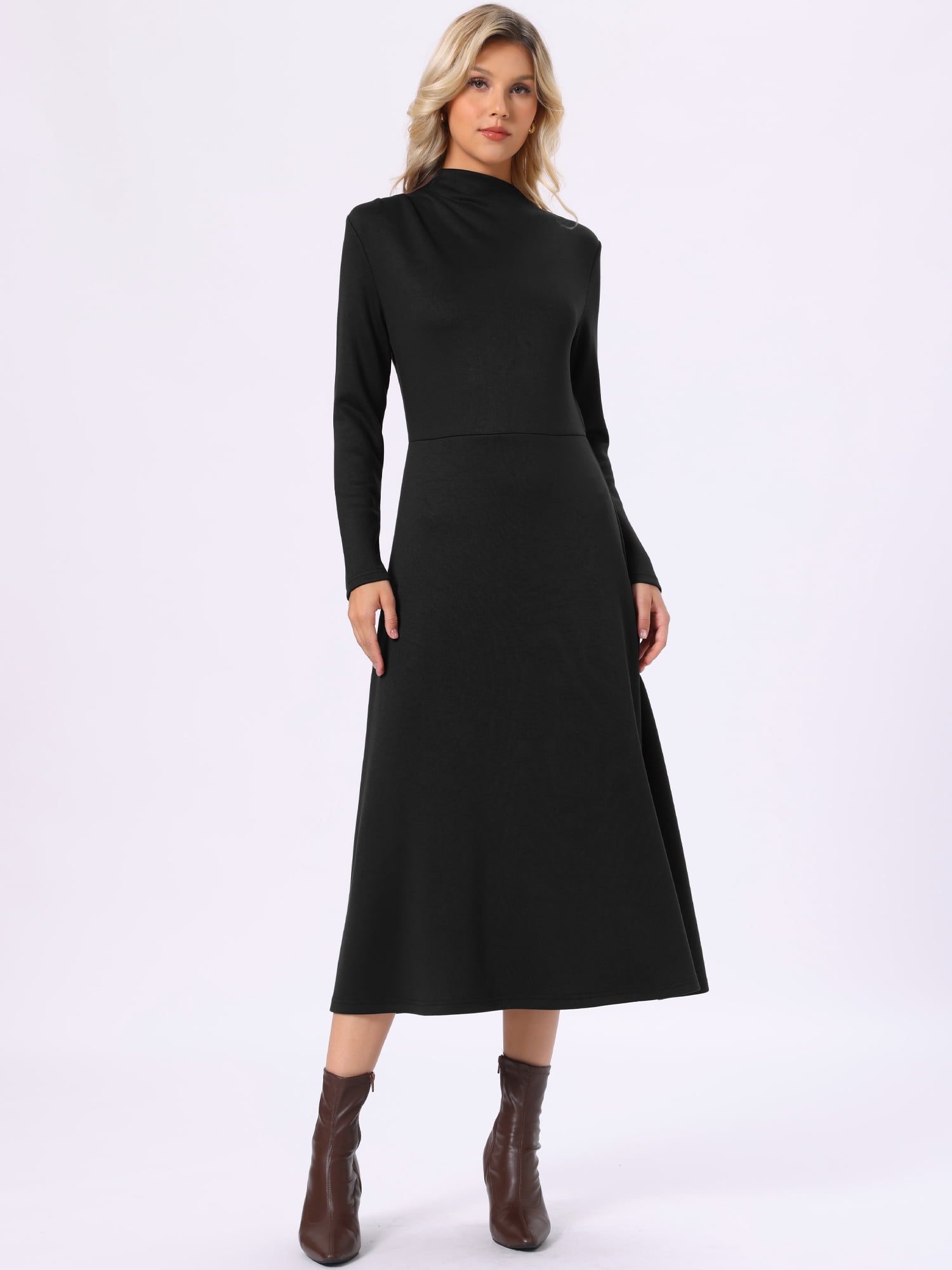 DARING DIVA Women's Fall Ribbed Knit Dresses Neck Long Sleeve Maxi Dress M Black