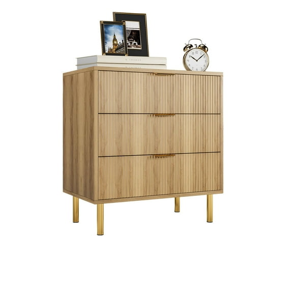 Cajonera moderna de madera con 3 cajones grandes – Patas metálicas y tiradores dorados – Diseño de veta de madera – Gran almacenamiento – Color Wood grain, 71x43x76cm