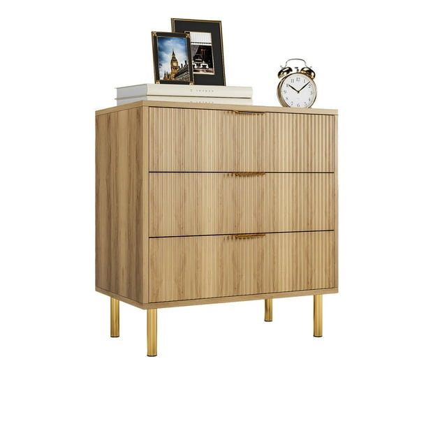 Cajonera moderna de madera con 3 cajones grandes – Patas metálicas y tiradores dorados – Diseño de veta de madera – Gran almacenamiento – Color Wood grain, 71x43x76cm