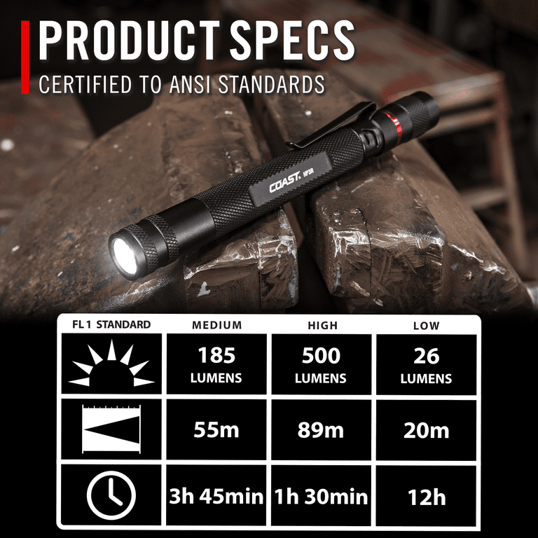 coast pen flashlight with rechargeable and high lumens HP3R 500 Lumen LED Penlight Twist Focus, Red lumen low output is ideal for reading Coast CF1000R 1000L LED Rechargeable