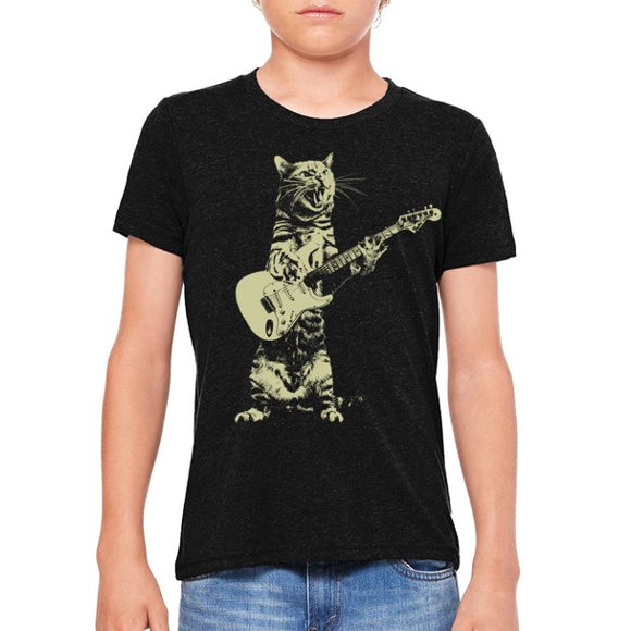 Chat Jouant du Chaton de Guitare Joue le Tee-Shirt Noir Premium du Guitariste Rockstar Kid