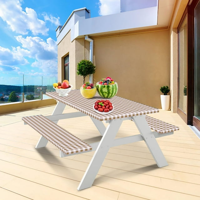 Birdeem Waterproof Table Cover Set, Elastic Picnic Tablecloth with Flannel Back Protector for Outdoor Dining, Stretch Fits 30x72 Inch Table and 2 Chairs