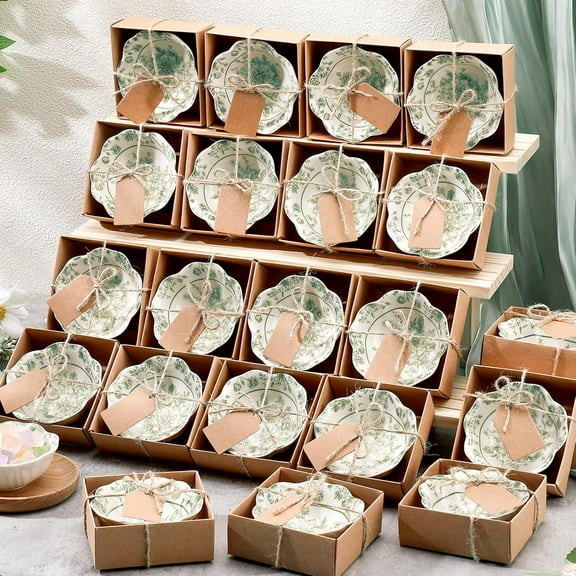 24 Pcs Wedding Favors for Guests Small Ceramic Bowl Bulk Gifts Set 3.3 Inch Floral Design Mini Dipping Bowl Sauce Dish with Cards Box for Bridal Baby Shower Birthday Guest Gift (Sage Green)