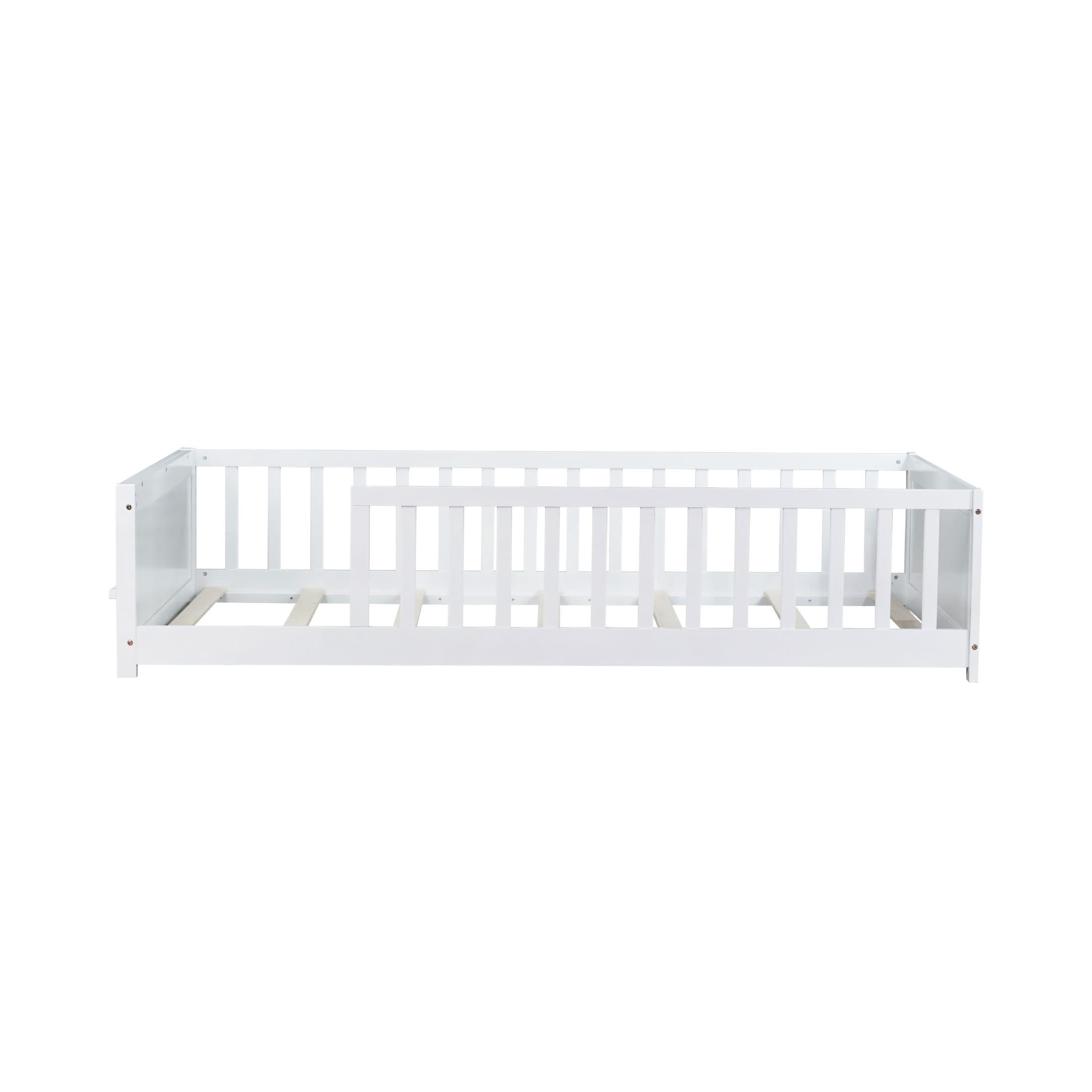 Noble House Devon Twin Floor Bed with Built-in Book Rack, Sturdy Rubber Wood Montessori Bed with Fence, White
