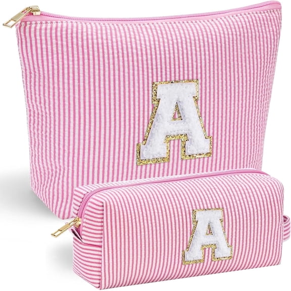 2-Piece Quilted Cotton Makeup Bag Set for Women, Large Cosmetic Organizer Bags with Zipper, Pink