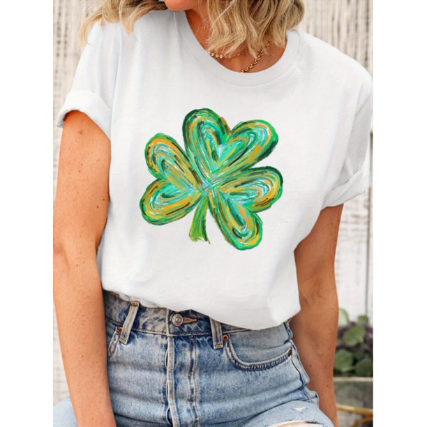 St. Patrick's Day Clover Print T-shirt, Casual Short Sleeve Crew Neck Top For Spring & Summer, Women's Clothing Tee For Adult, Men, Women, Teen, Teenager, Adolescent, Youth.