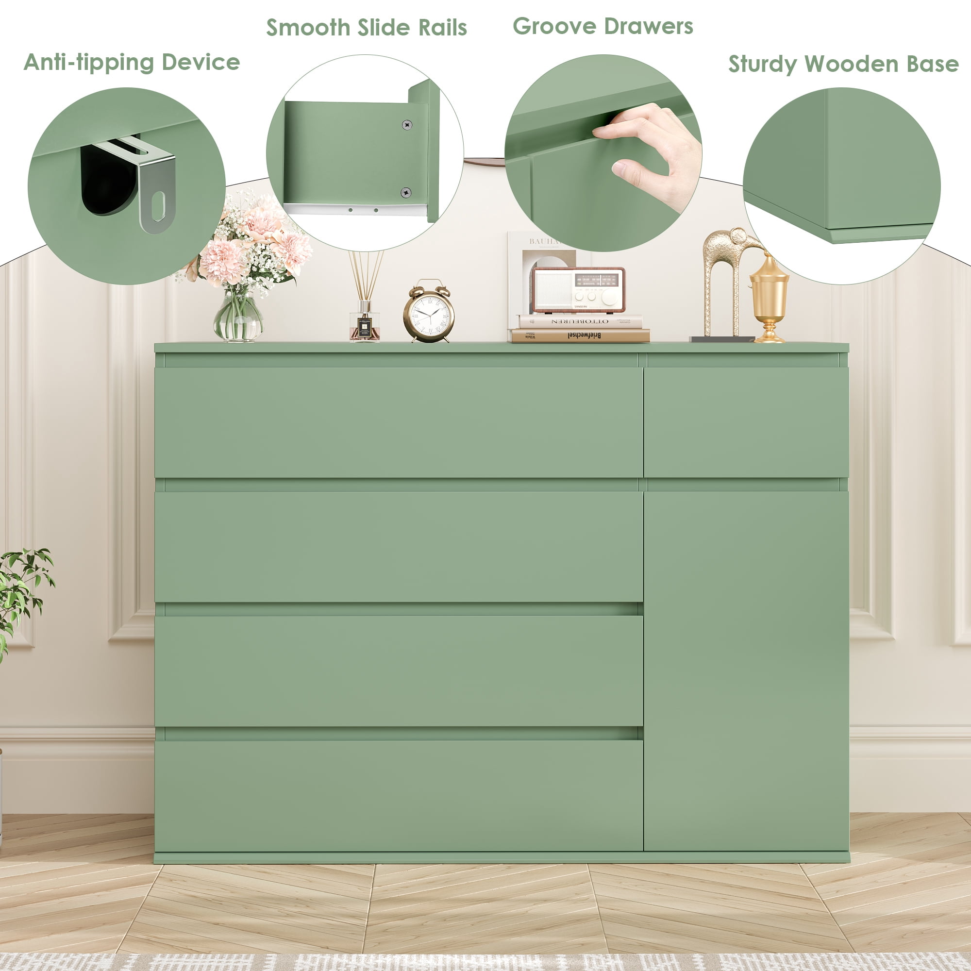 Homfa 5 Drawer Dresser with Door, Modern Accent Storage Cabinet Chests of Drawers for Bedroom Living Room, Green