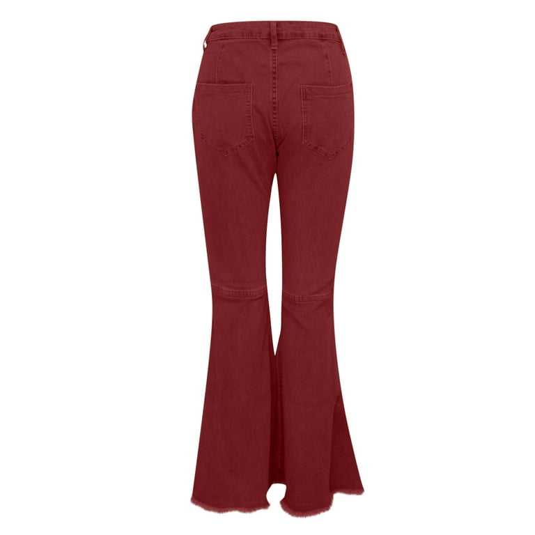 High Waist Flared Jeans Vintage 80s 90s Frayed Raw Hem Bell Bottom Denim  Long Pants for Women Fashion Casual S-3XL (Large, Wine) 
