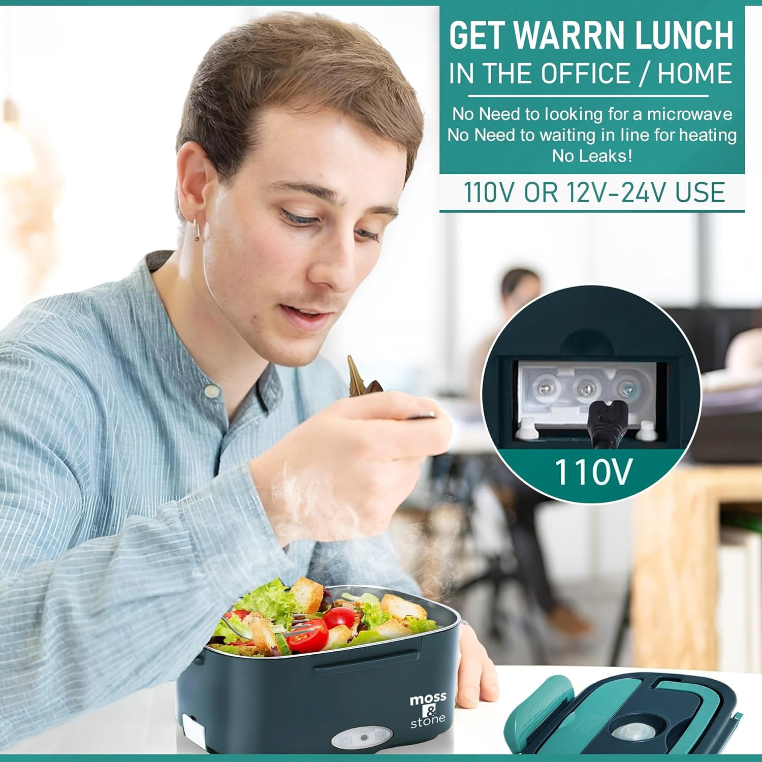 Moss & Stone Electric Lunch Box Food Heater for Adults Green & Gray Food Warmer Lunch Box, 12/24/110v Lunch Box Warmer Portable For Work/Car/Truck, Fork & Spoon & 1.5L Removable S.S Container