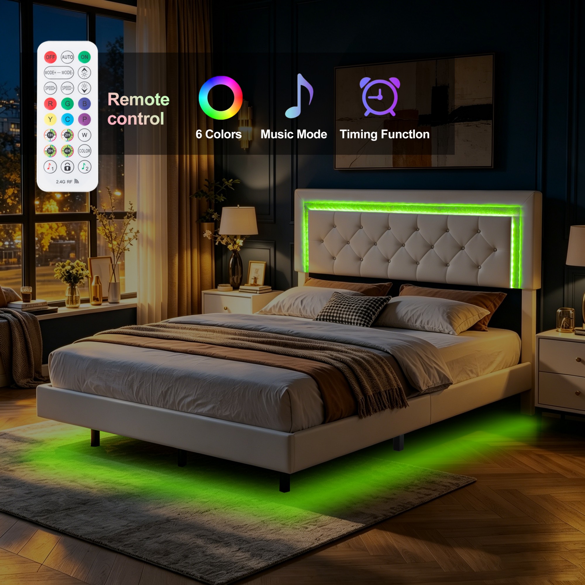BSHTI Queen PU Platform Bed Frame with Upholstered Headboard, Colorful LED Lights, Wood Slat Support, No Box Spring Needed for Bedroom（White）