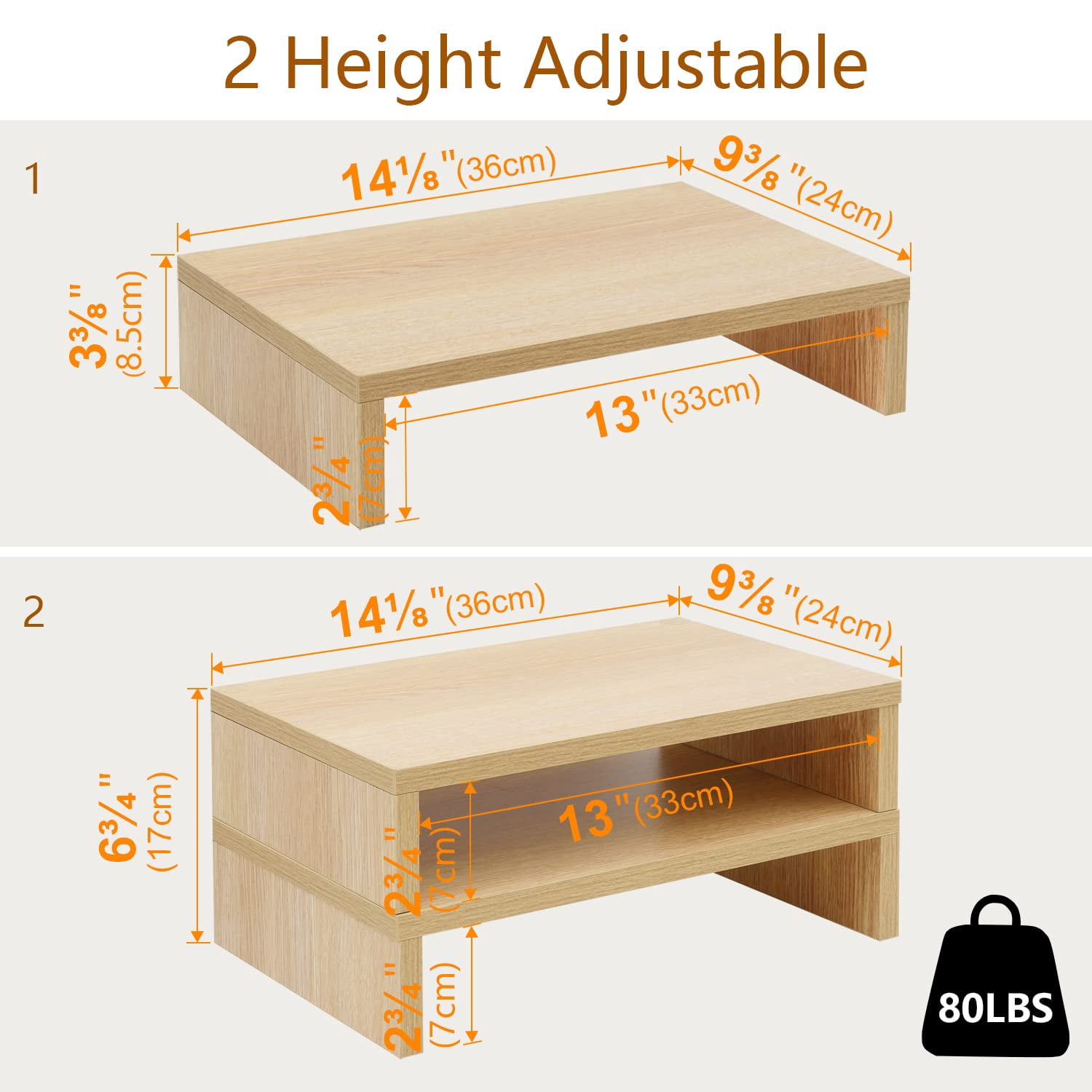 Wood Monitor Stand Riser - 2 Pack Adjustable Dual For Laptop/pc
