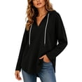 thumbnail image 2 of Hoodie Hzzrkos Women's V-neck Hooded Sweatshirt Long Sleeved Drawstring Hooded Pullover Casual Loose Fall And Winter Curved Hem Sweatshirt Beige L, 2 of 9
