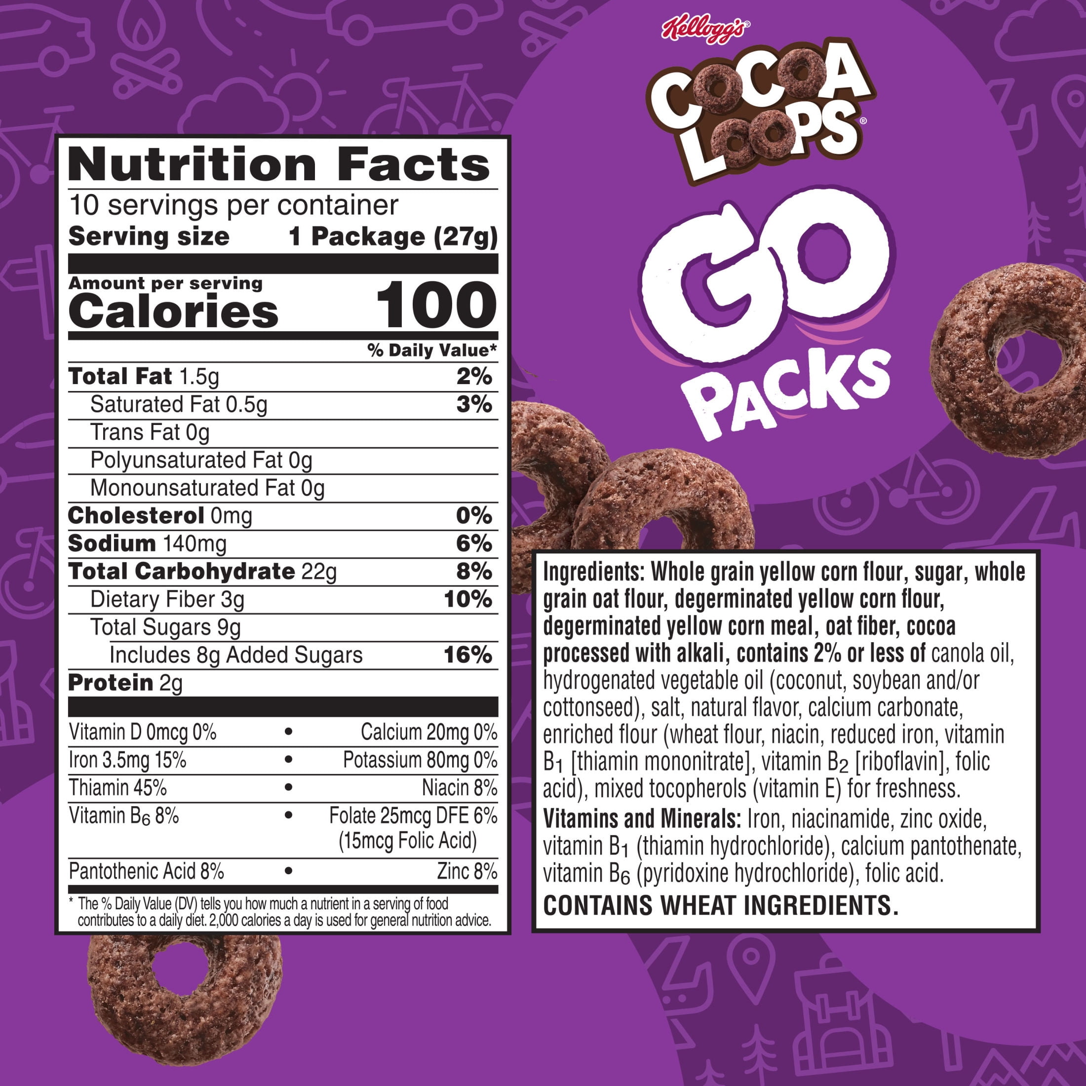 Kellogg's Cocoa Loops Go Packs Original Cereal, Kids Snacks, 9.5 oz, 10 Count