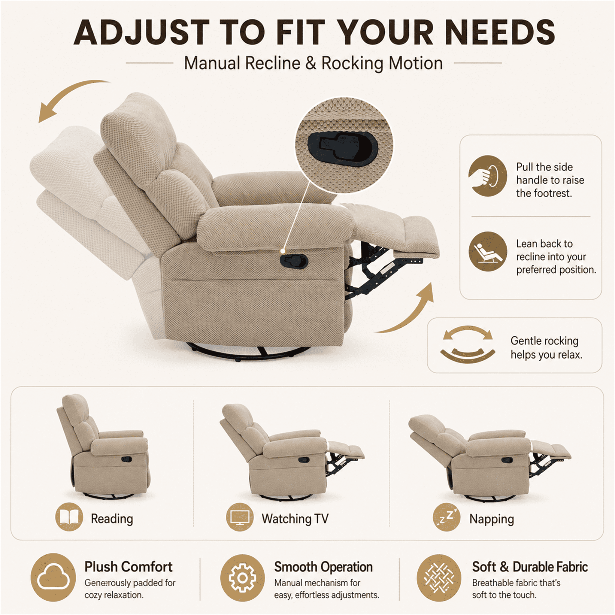 Homy Casa Swivel Rocking Recliner, 360 Manual Chair for Living Room, Nursery and Home Office, Beige