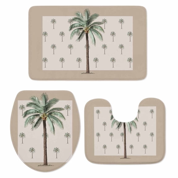 Palm Trees Bath Mat 3 Piece Bathroom Rug Set, Brown Tropical Plants Summer Green Non Slip Bath Rug Contour Mat and Toilet Lid Cover, Absorbent Shower Mats Soft Bath Rugs and Mats Sets