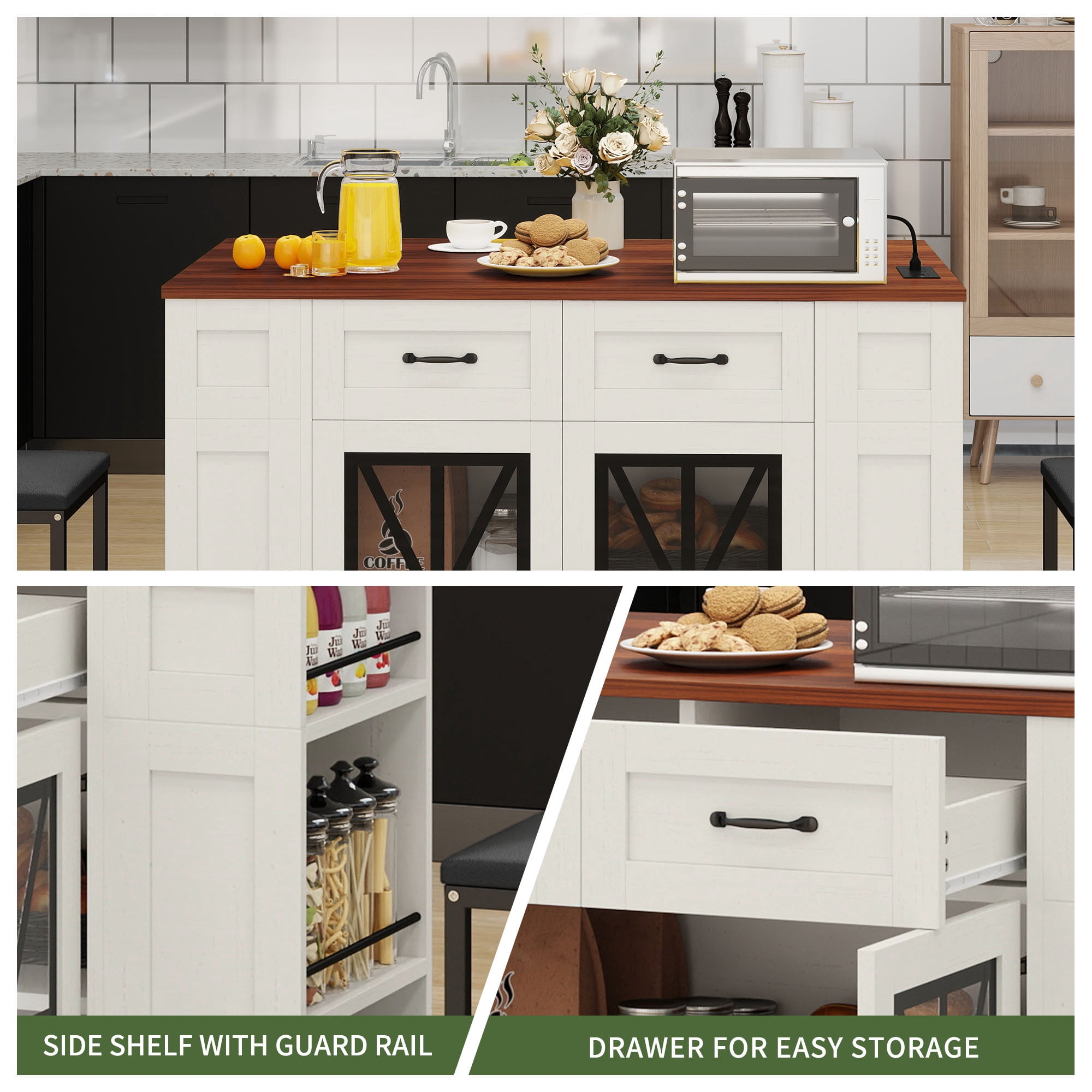 Uforic Kitchen Island Table with Seating & Drop Leaf, Kitchen Island with Storage & Wheels, Off-White