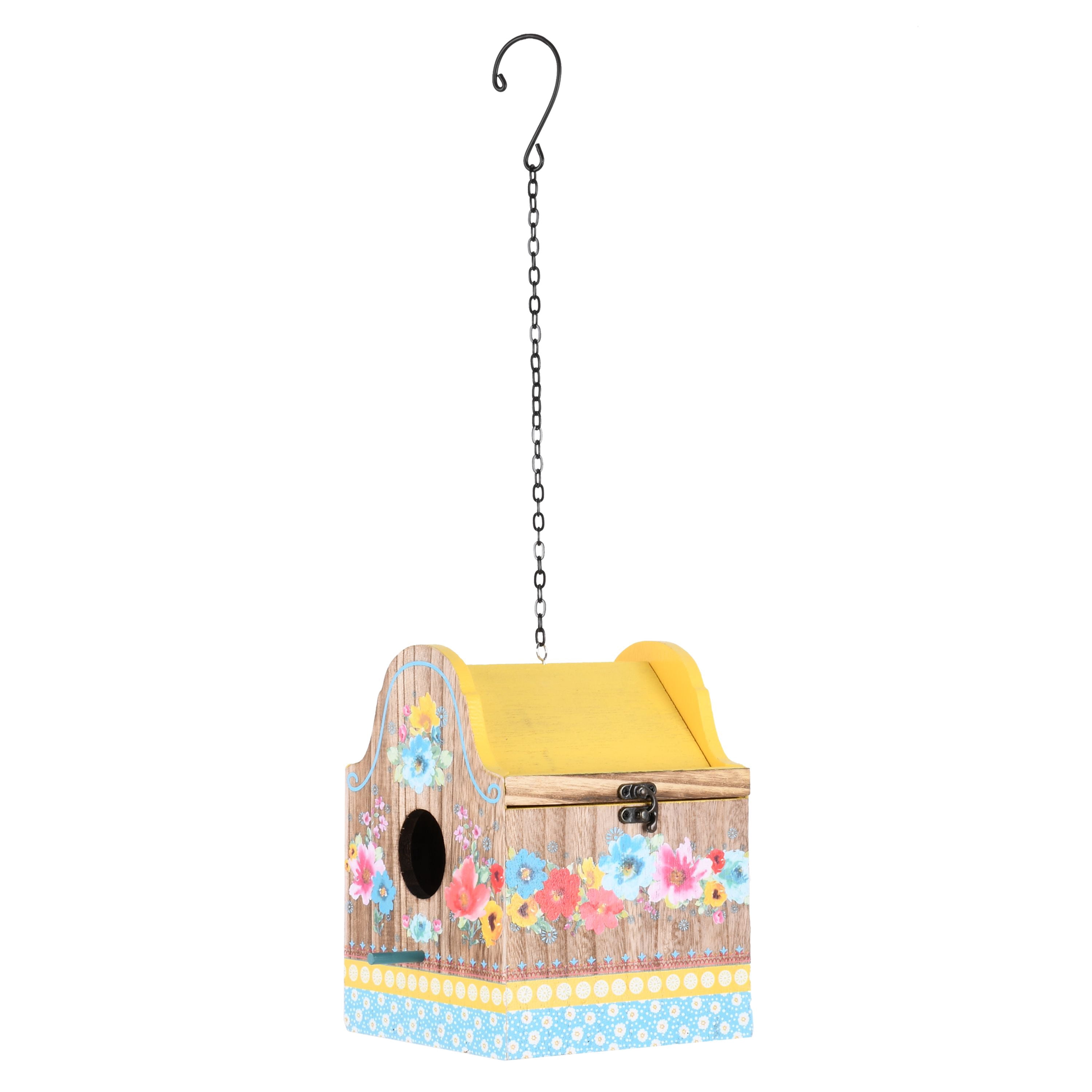 The Pioneer Woman Breezy Blossom Yellow Wood Birdhouse with Removable Roof, 6.3" x 7.2" x 8"