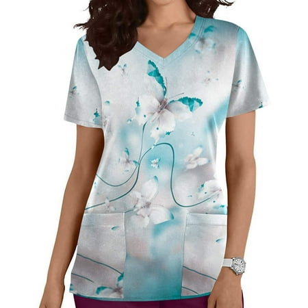 

Funicet Savings Clearance 2023! Plus Size Tops for Women Scrubs Tops Short Sleeve Working Uniform V Neck Nurse Shirts Butterfly Printed Blounce w/Pockets
