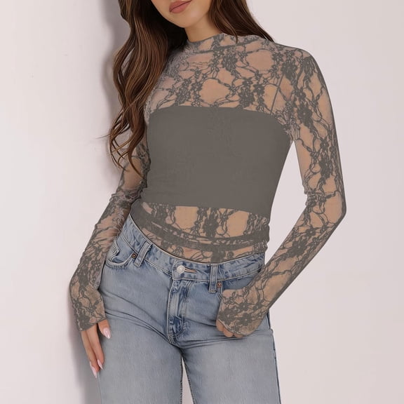 Dolkfu Pull-on Summer Tops for Women 2026 Crew Neck Long Sleeve Lace Gray Modern Fashion Solid Romance Blouses & Tops Gray,S