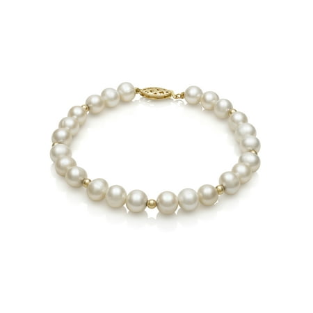 Cultured White Freshwater Pearl and 14K Yellow Gold Bead Bracelet, 7.5