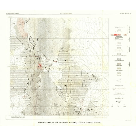 Historic Mine Map - Nevada Highland District Lincoln County Mines - Tschanz 1953 - 26.92 x 23 - Vintage Wall Art