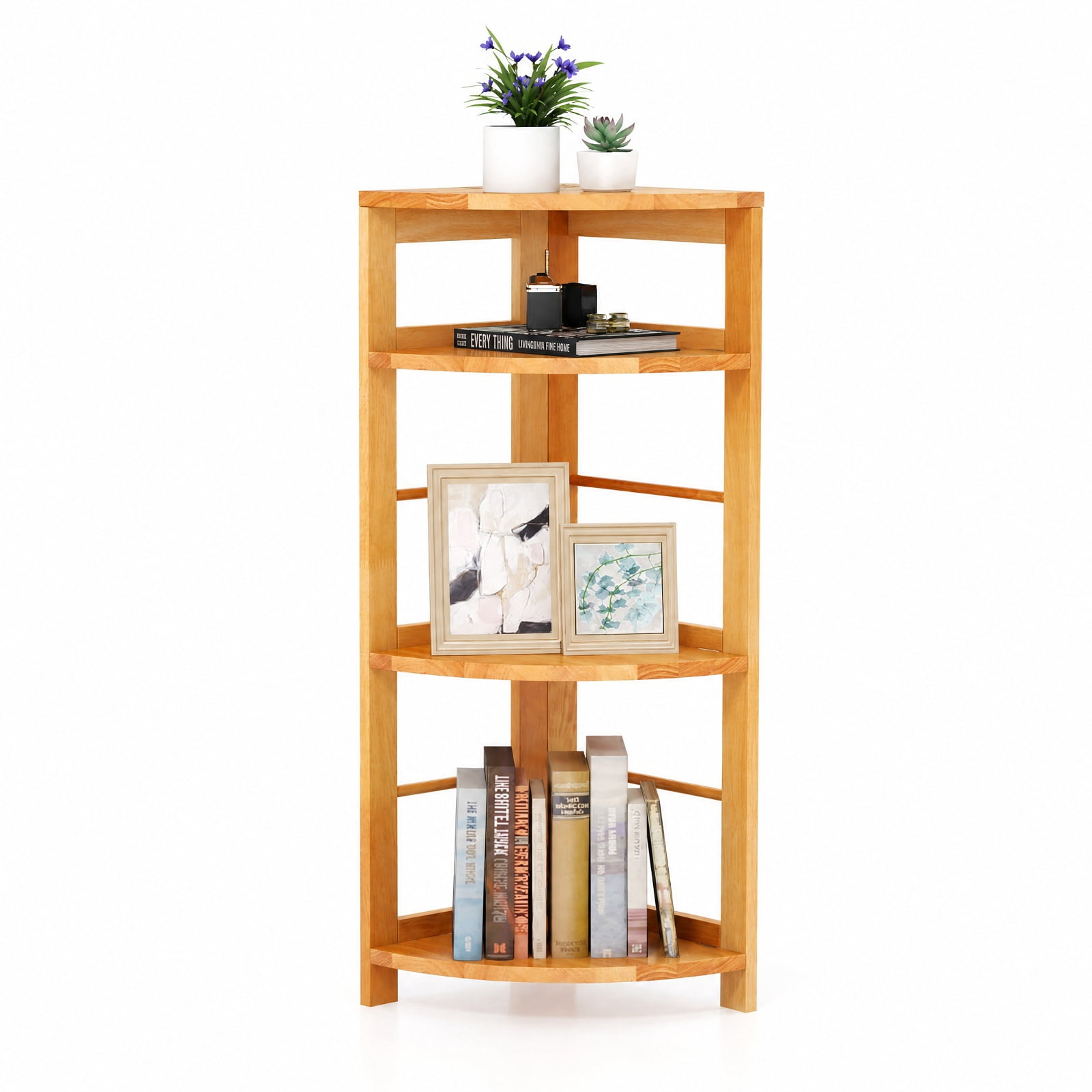 Furnibear 4-Tier Corner Shelf with Rubber Wood Frame and Anti-Toppling Kit for Living Room Home Office Bedroom Display Storage Shelf, Natural