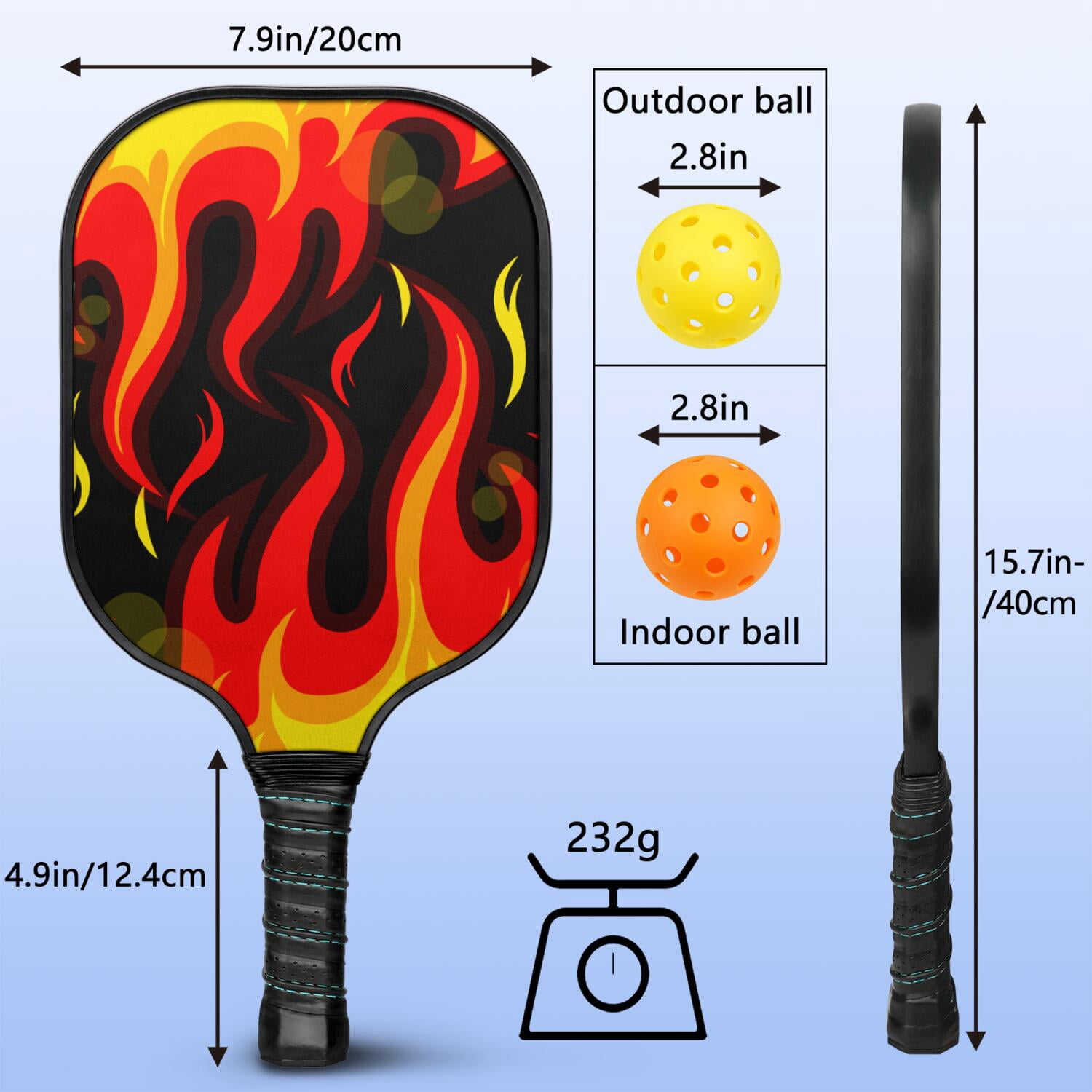 Pickleball Paddles Set Of 1, Fiberglass Surface, Flame, Fire Print, 1 Paddle, 2 Balls & Bag