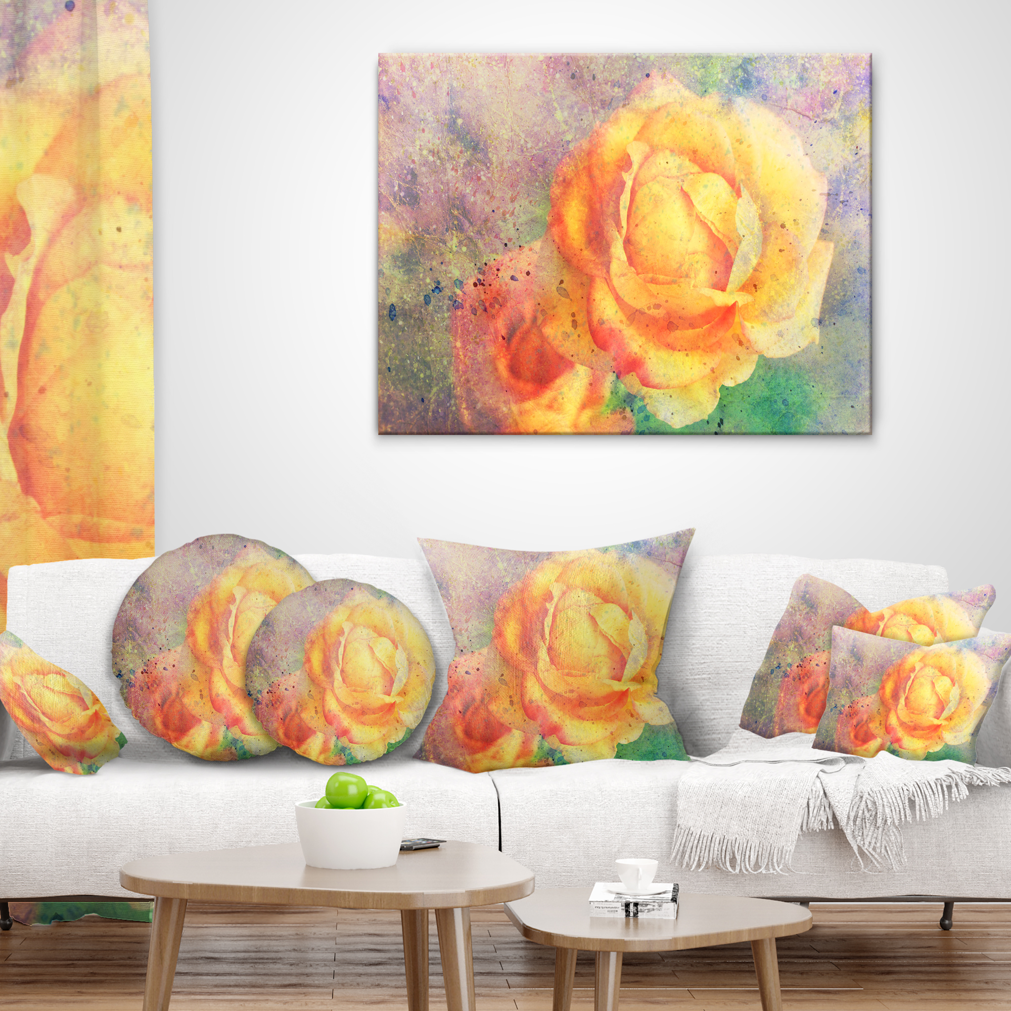 Designart Yellow Rose Watercolor - Floral Throw Pillow - 18x18