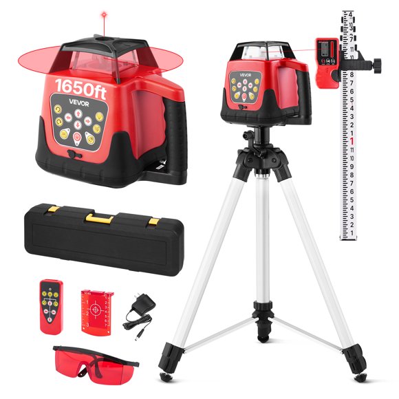 VEVOR Rotary Laser Level Kit, 1650ft 360-Degree Self Leveling Red Horizontal Laser Transit, IP66 Waterproof, 0.80in/100ft Precision for Construction