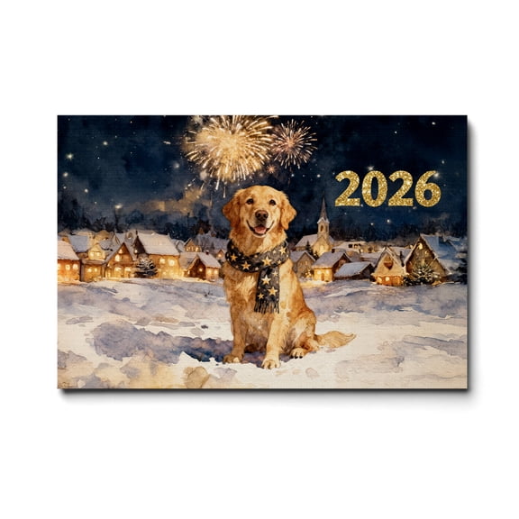 Golden Retriever Happy New Year 2026 with Fireworks on New Year's Eve Horizontal Matte Canvas Poster Goldens Dog Lover Gifts Idea Wall Art Home Decor - 12022