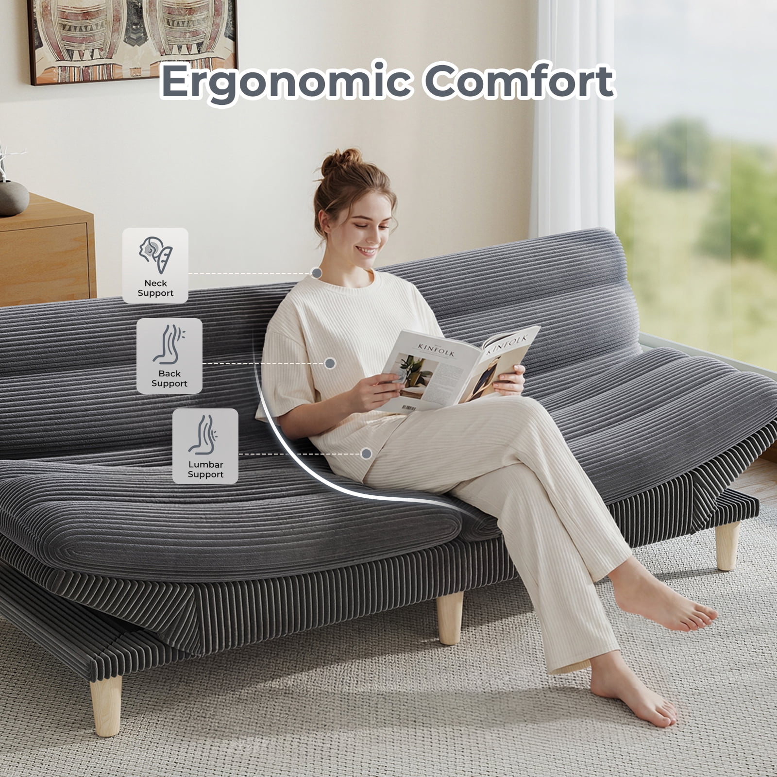 Ebello Convertible Futon Sofa Bed, Fabric with 3-Position Reclining Backrest and Adjustable Armrests for Living Room Apartment Office, Gray