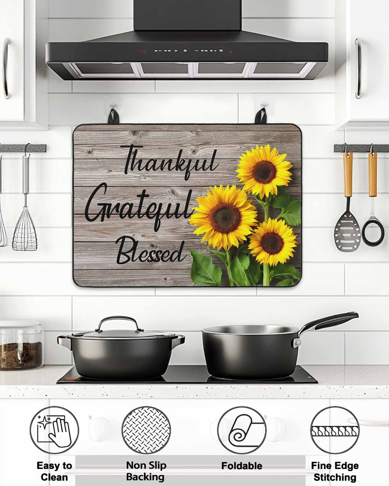 Stove Top Covers for Electric Stove, Farm Sunflower Glass Stovetop Cover Protector, Positive Floral Vintage Brown Wooden Induction Cooktop Protector Oven Mat for Kitchen Countertop 24"x21"