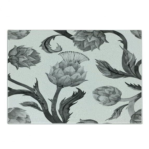 Artichoke Cutting Board, Faded Colored Black and White Super Foods with Stalks and Leaves Art Print, Decorative Tempered Glass Cutting and Serving Board, Small Size, Black and White, by Ambesonne