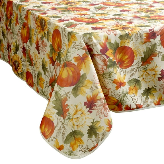 European Fall Harvest Pumpkins and Autumn Leaves Printed Tablecloth - 60" x 120"