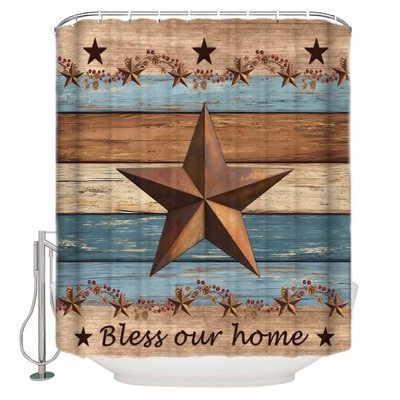 Western Texas Star Retro Bathroom Shower Curtains with 12 Hooks Polyester Waterproof Shower Curtain for Bathtubs Vintage Farmhouse Blue Brown Wood Grain Decorative Bathroom Curtain 66x72 Inches