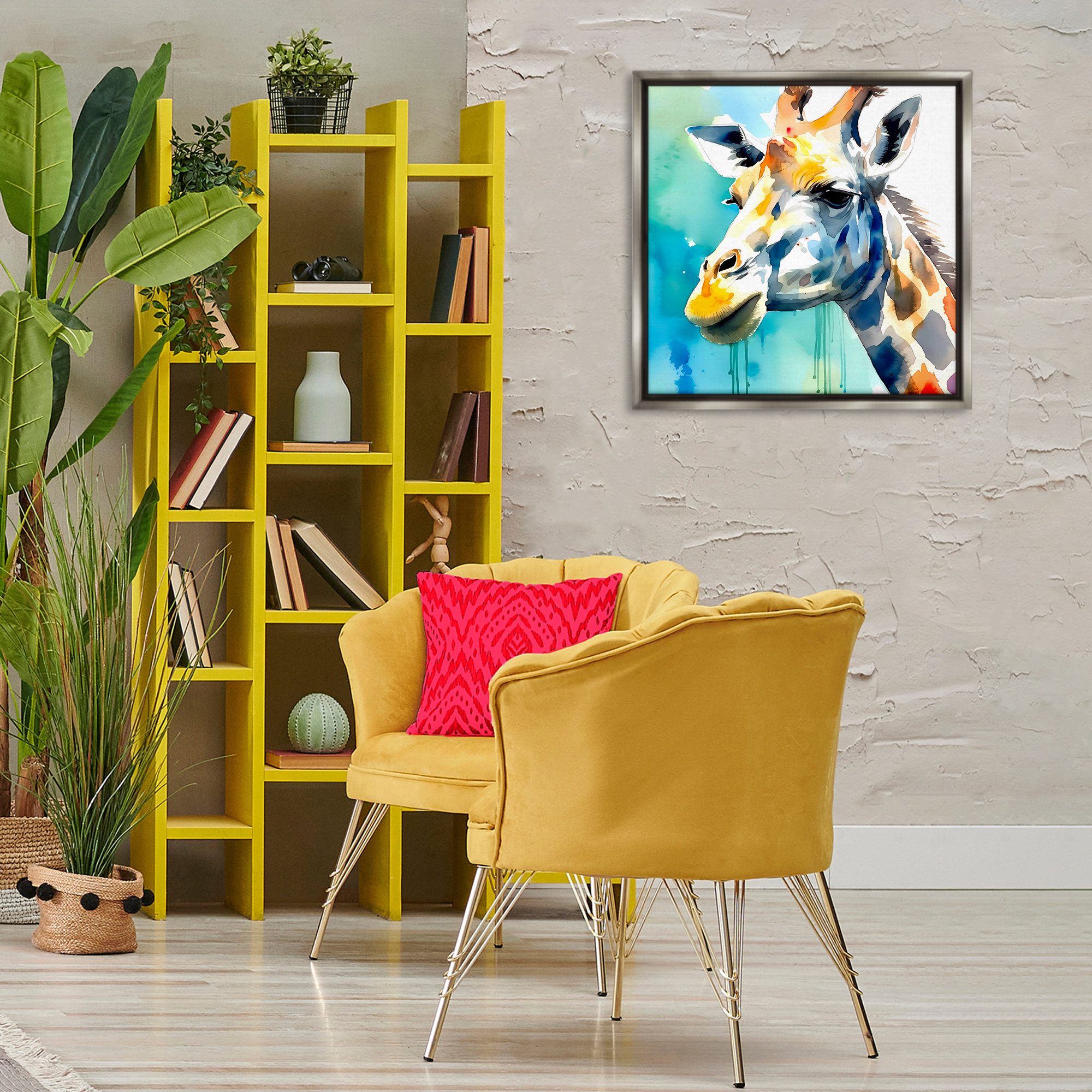 Stupell Industries Giraffe with Blue Splash Animals & Insects Painting Gray Floater Framed Canvas Art Print Wall Art, 25 x 25