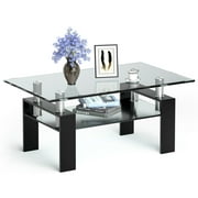 Costway Rectangle Glass Coffee Table Metal Legs End Table Livingroom Black Top