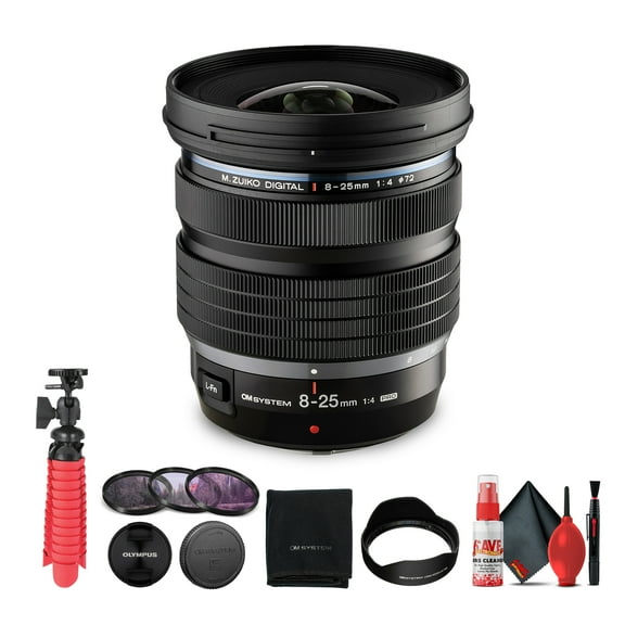 Olympus M.Zuiko Digital ED 8-25mm f/4 PRO Lens (V313030BU000) Bundle Including: 3 Piece Filter Kit, Flexible Tripod, Cap Keeper, Full Cleaning Kit
