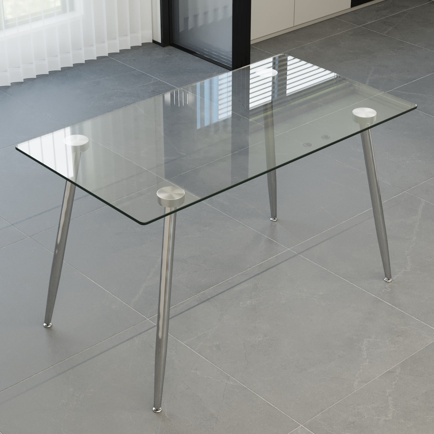 51" Glass Dining Table Set for 4, Silver Plating Legs with PU Armless Chairs, Modern Rectangle Tempered Glass Top​