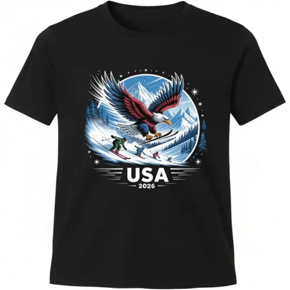USA 2026 Patriotic Bald Eagle Skiing Graphic T-Shirt Retro Winter Sports Mountain Adventure Tee for Men and Women