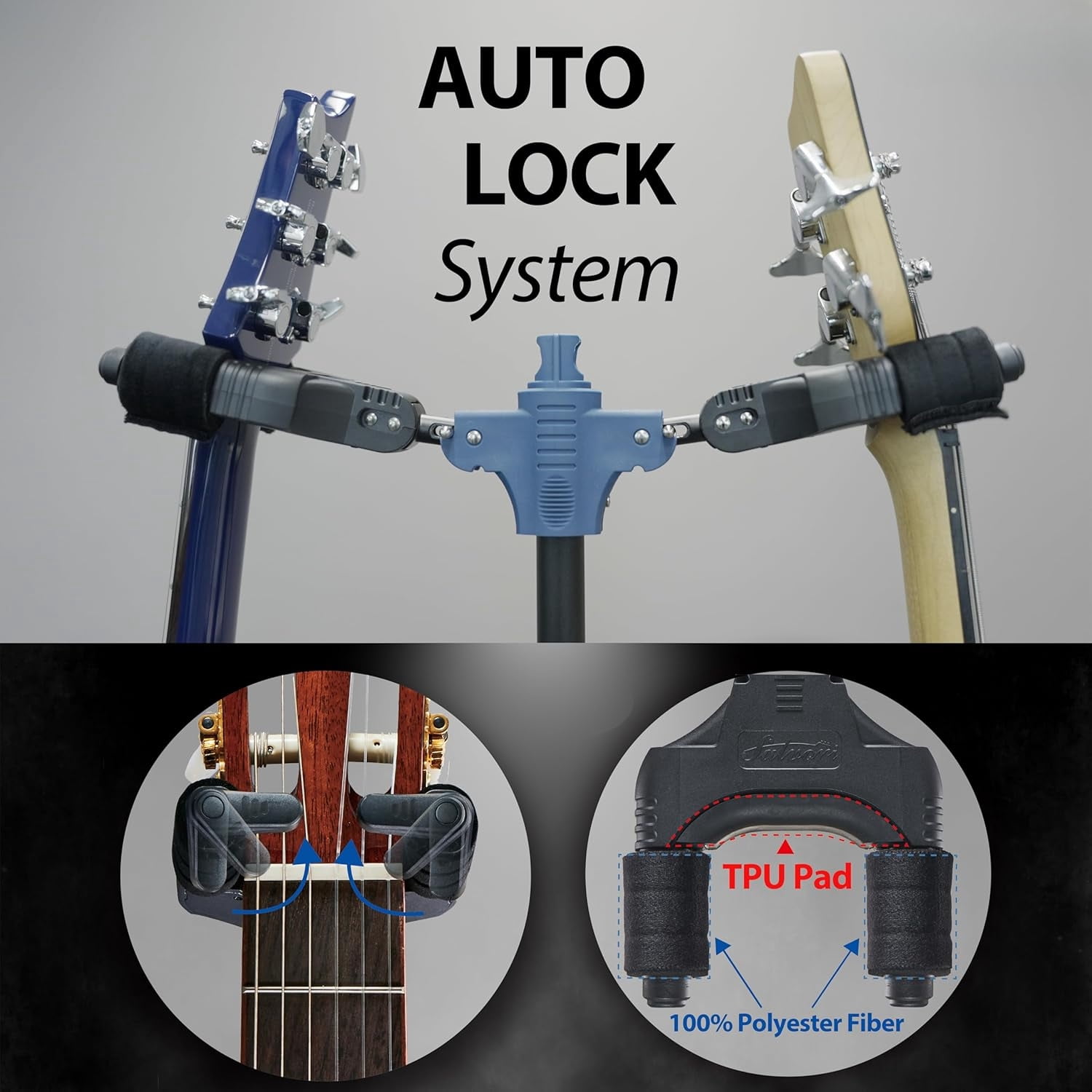 Folding Dual Guitar Stand with Auto-Lock System and Soild Tripod, Double/Multiple Guitar Stand/Holder/Rack for Single Bass, Acoustic, Electric, Classical Guitar or Ukulele