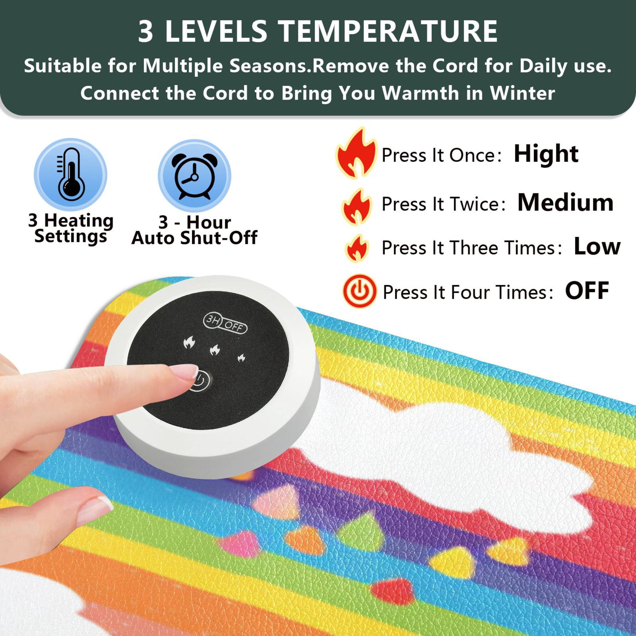 Large Heated Desk Mat Mouse Pad 31.5"x13"PU Leather Graphene Heating Desk Warmer with 3 Temperature Settings 110V US Plug Non-Slip Warm Pad for Home, Office, and Gaming Rainbow Striped Unicorn Print