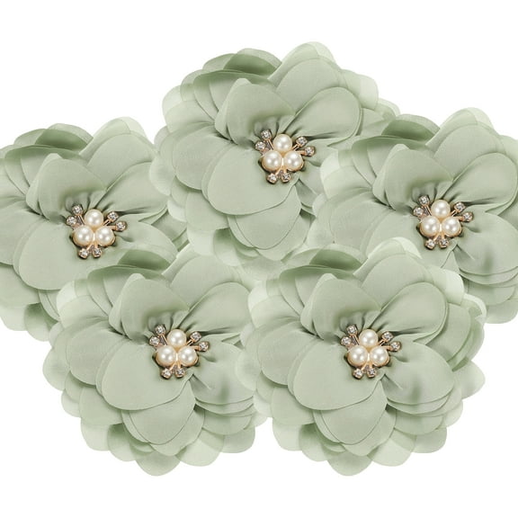 3.15 Inch Chiffon Flowers, 5 Pcs Fabric Flowers Rhinestone Pearl Large Camellia Sewing Appliques for DIY Crafts Dresses Clothing Headbands Wedding Party Decoration, Green